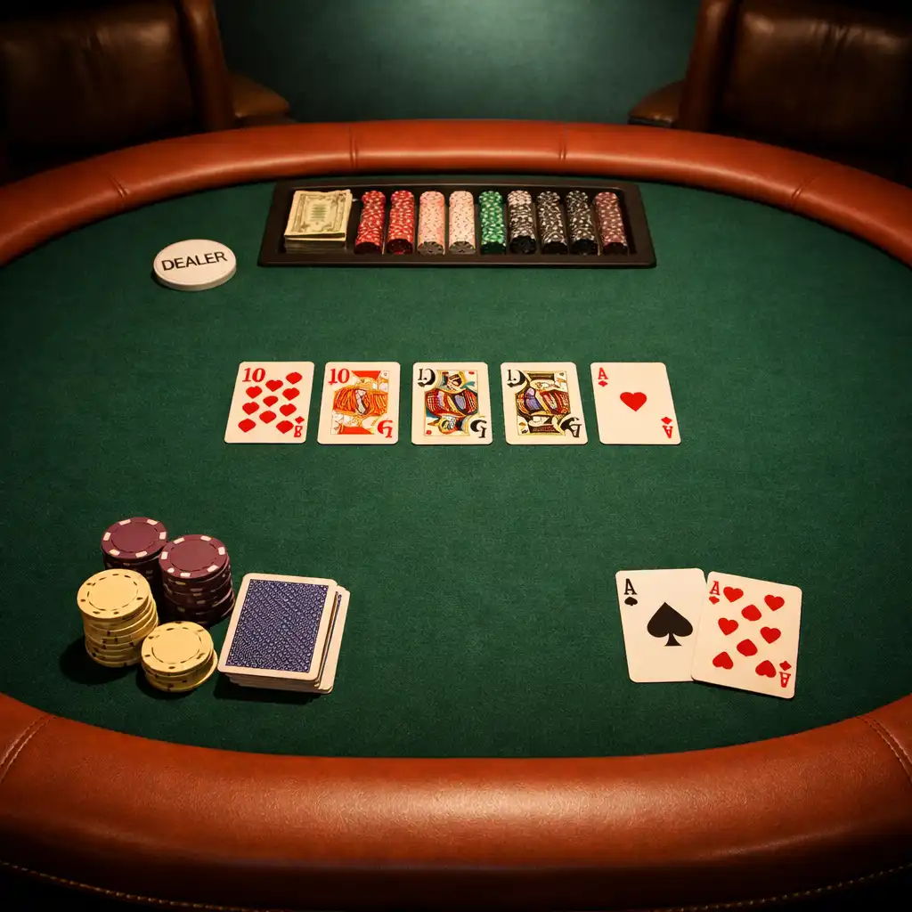 Overhead view of a poker table with cards, chips, and a dealer's tray in the Card Lounge