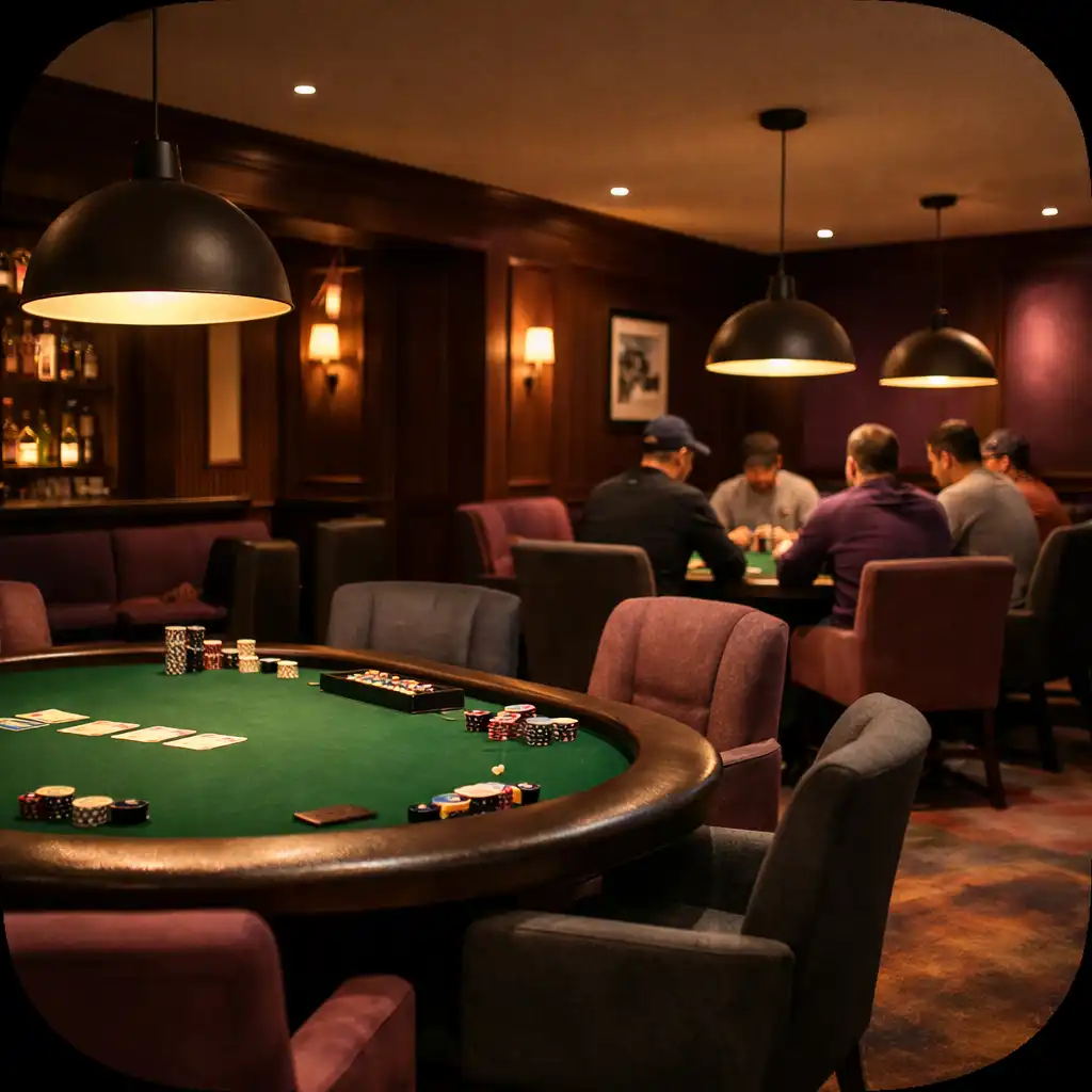 Interior of the Rincon del Juego card lounge with poker tables and warm pendant lighting