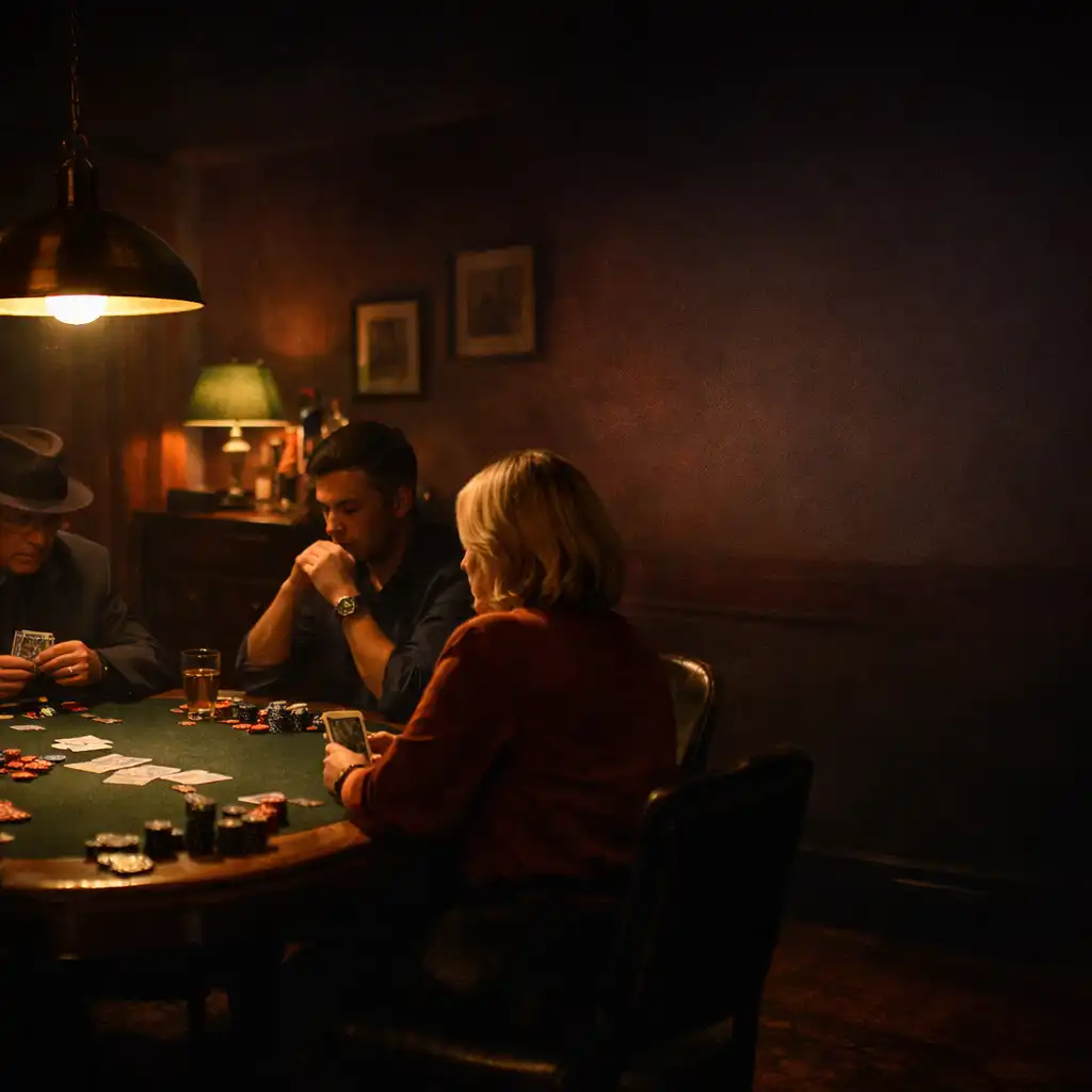 Evening atmosphere in the card room with warm lighting and players seated around a poker table