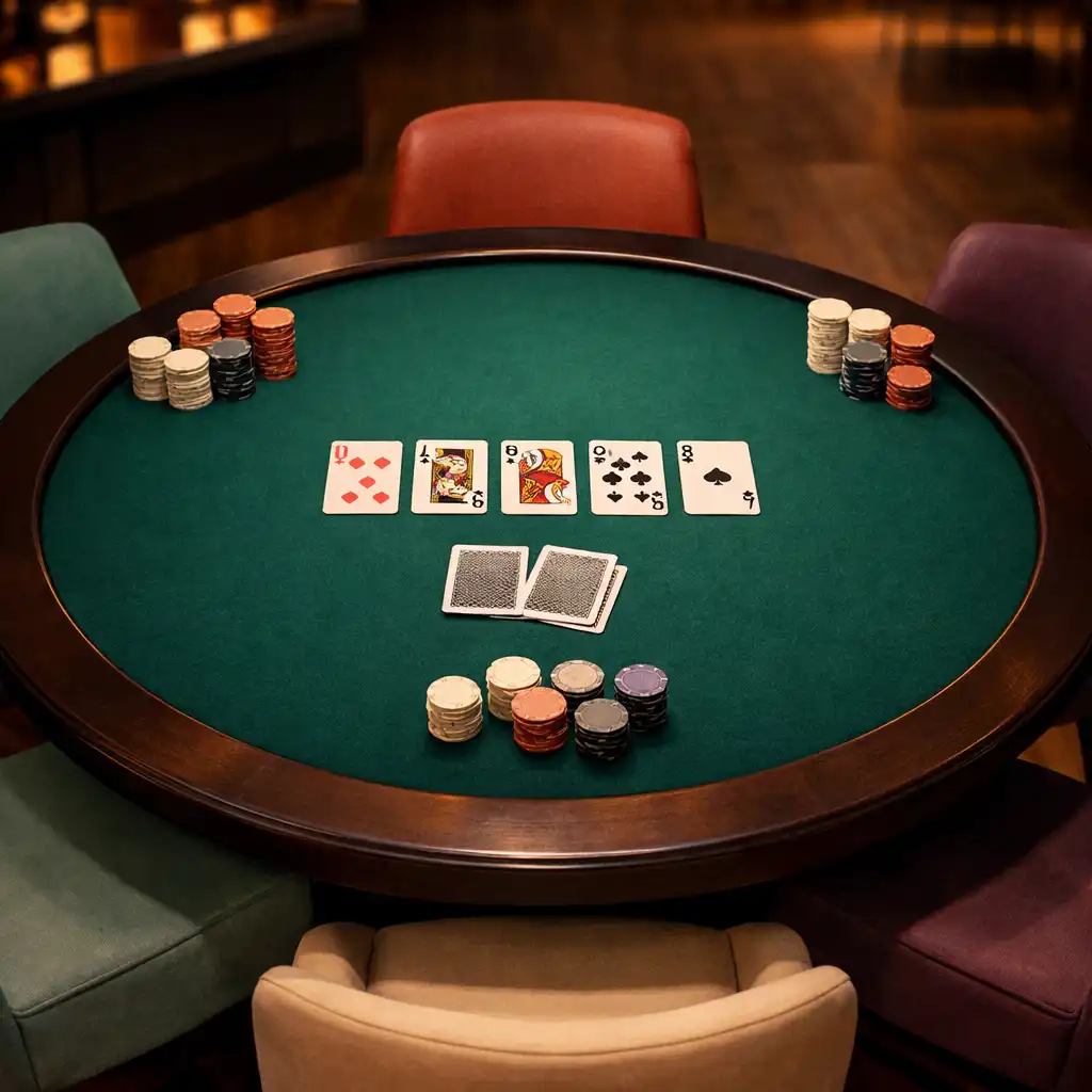 Overhead view of the card room at Rincon del Juego, showing a round poker table with green felt, chairs, cards, and chips