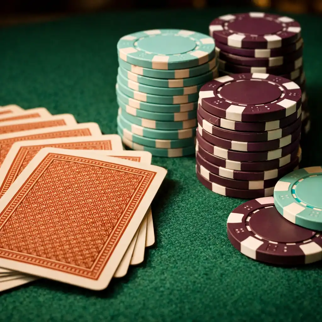 Close-up of playing cards and poker chips arranged on green felt