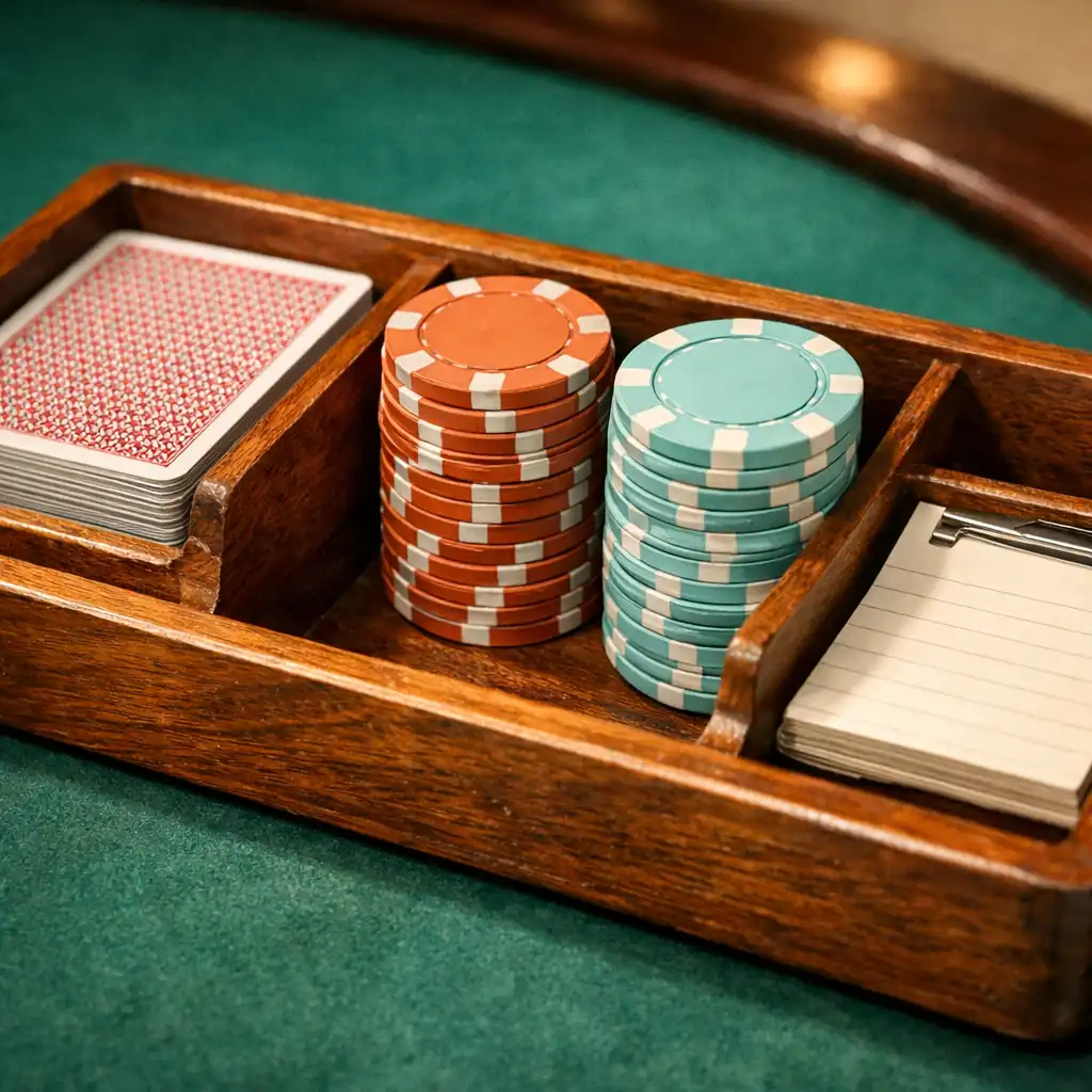 Close-up of a wooden dealer's tray with cards, chips, and a notepad on a poker table