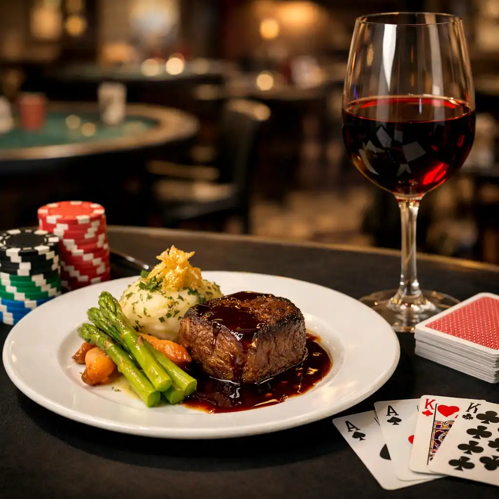 Table setting combining a gourmet meal with poker chips and a deck of cards