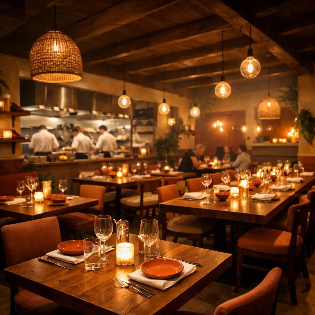 Warm dining room with timber tables, pendant lights, and a glimpse of the open kitchen