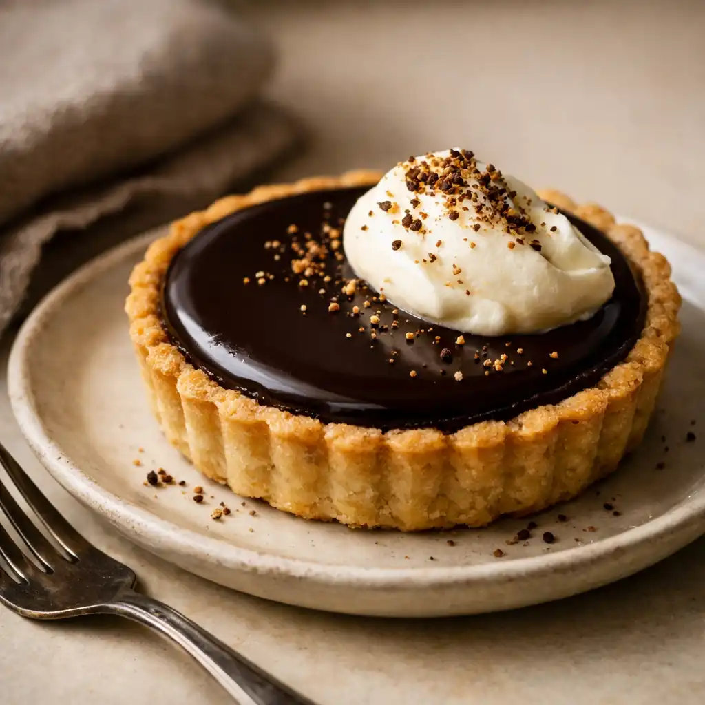 Dark chocolate and wattleseed tart with cream