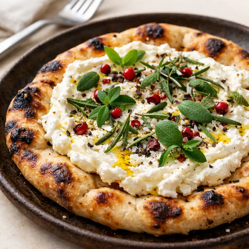 Wood-fired flatbread topped with whipped ricotta and native herbs