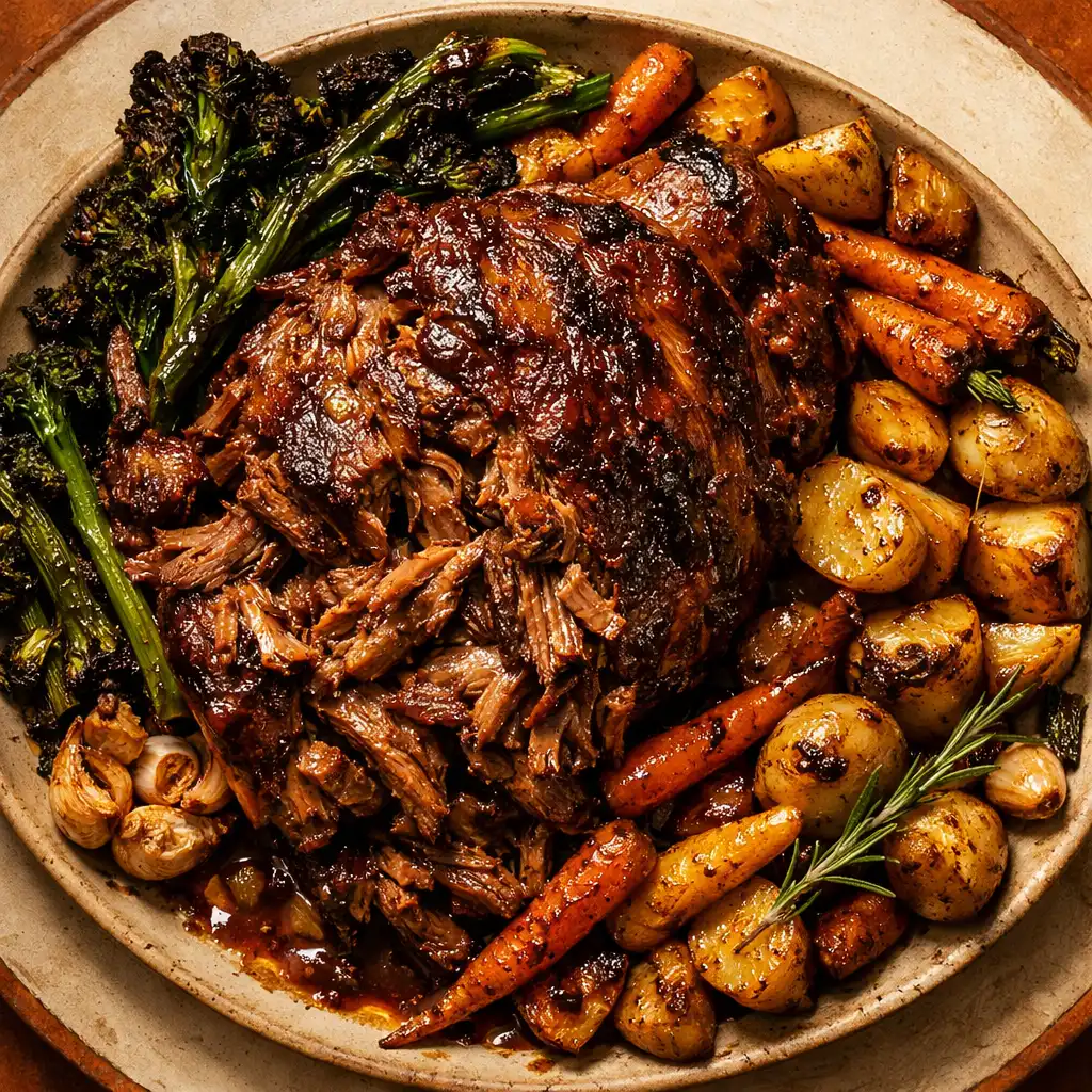 Slow-cooked lamb shoulder with charred greens and roasted vegetables