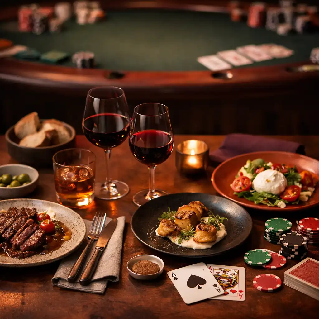 Overhead view of a restaurant table set for dinner with poker cards and chips nearby
