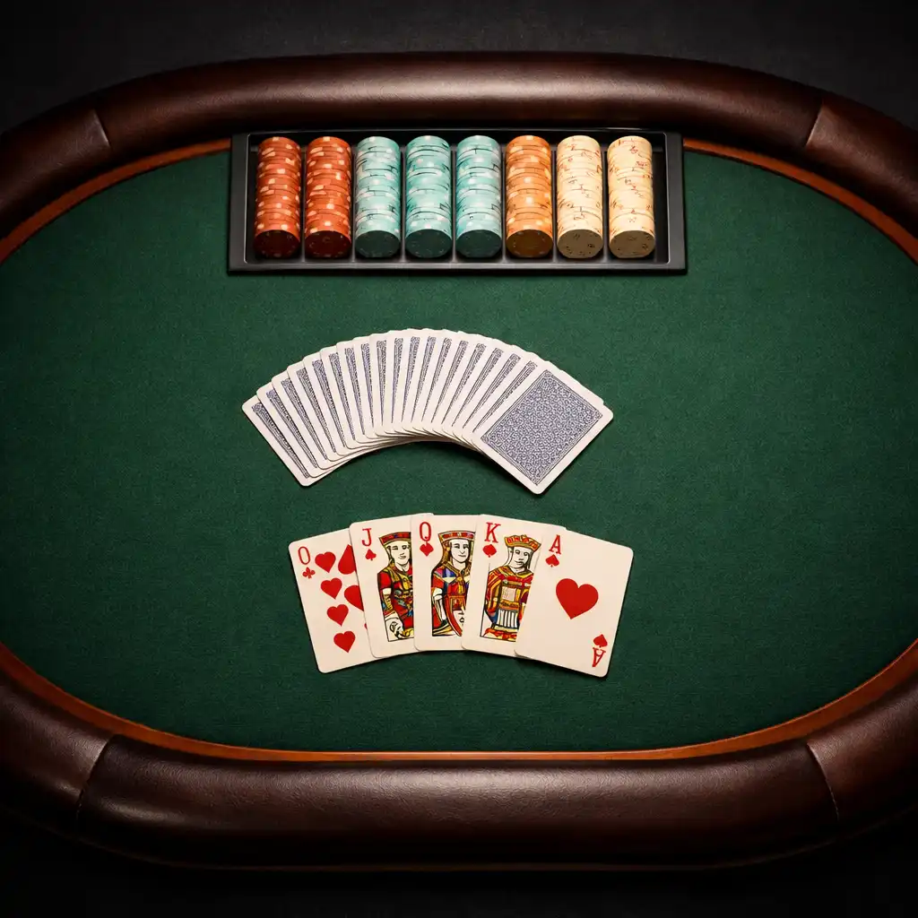 Overhead view of a green felt poker table with terracotta, pale aqua, and ivory chips, a fanned deck, and a royal flush face up