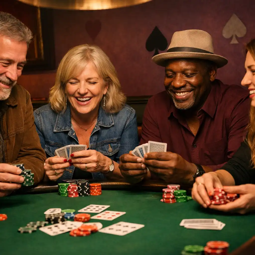 Group of adults seated around a poker table in a warmly lit lounge, engaged in a friendly game