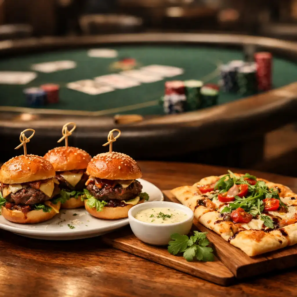 Gourmet sliders and flatbread on a wooden table with a blurred poker table in the background
