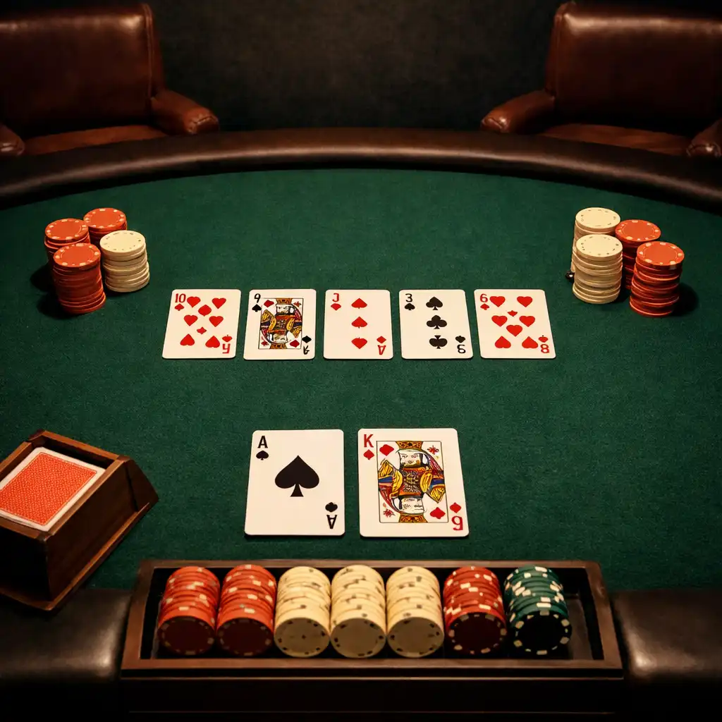 Overhead view of a poker table in the lounge with cards, chips, and a card shoe under warm lighting