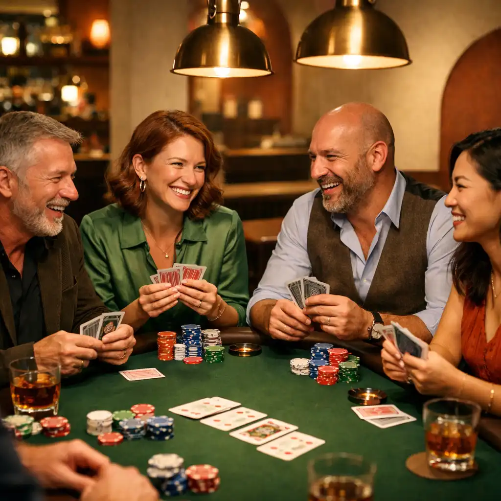 Adults playing poker at a table in a warm card lounge, with cards in hand and chips on the felt.