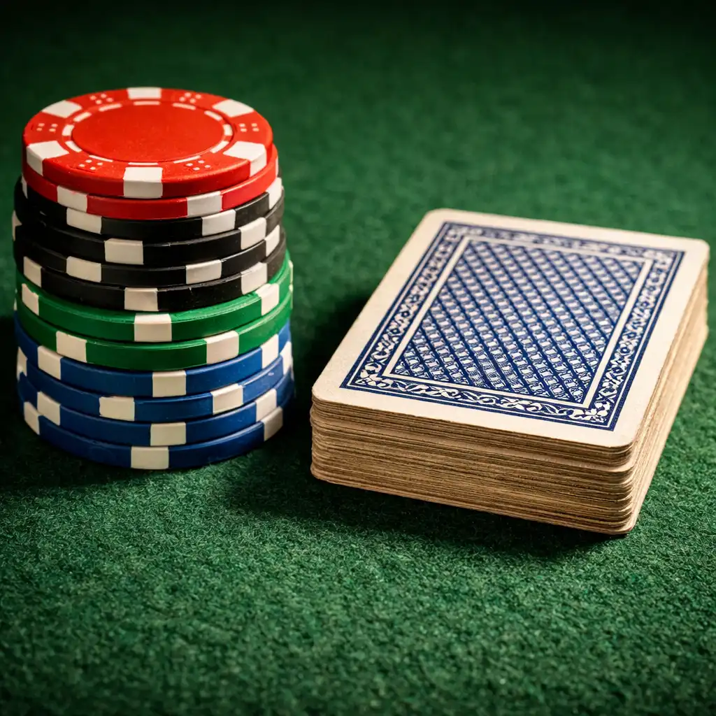 Close-up of a poker table surface showing green felt, a stack of clay chips, and a deck of cards