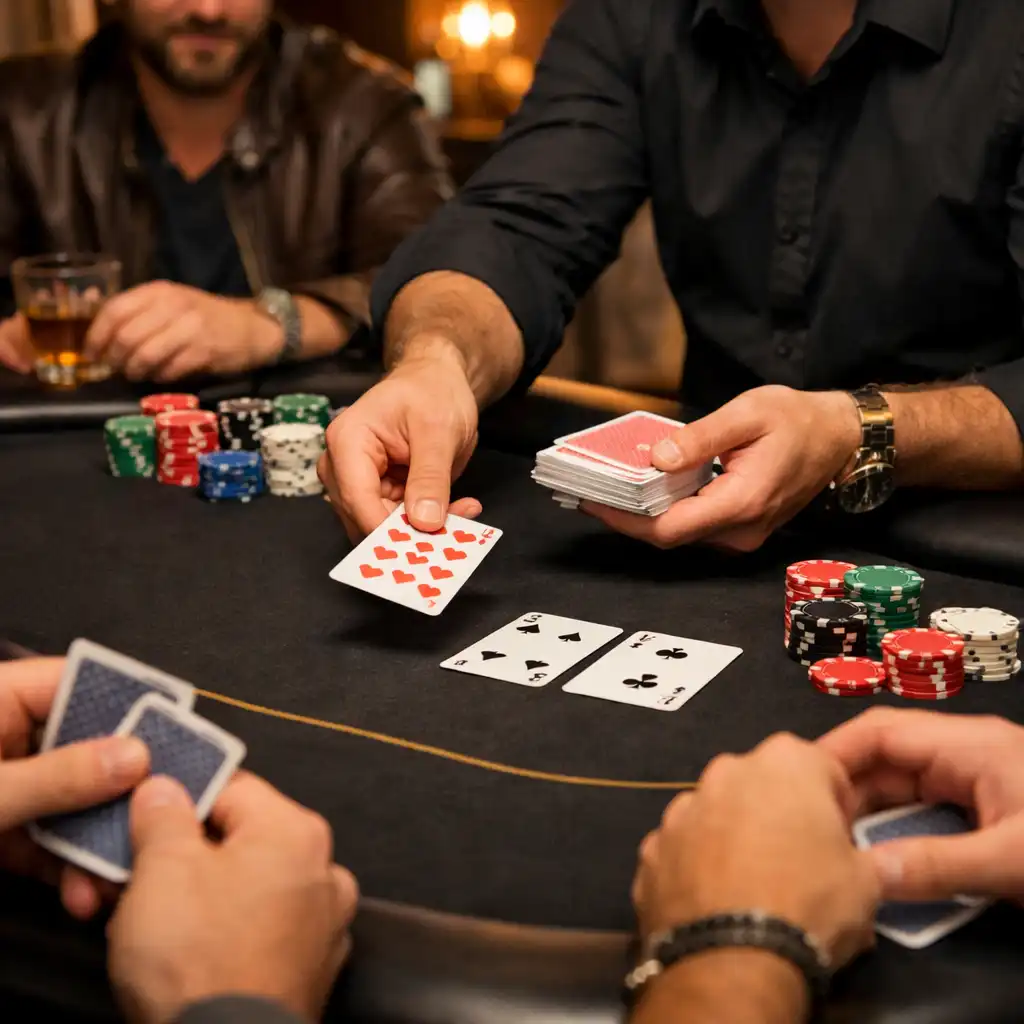 Group of players seated at a poker table with one player dealing cards