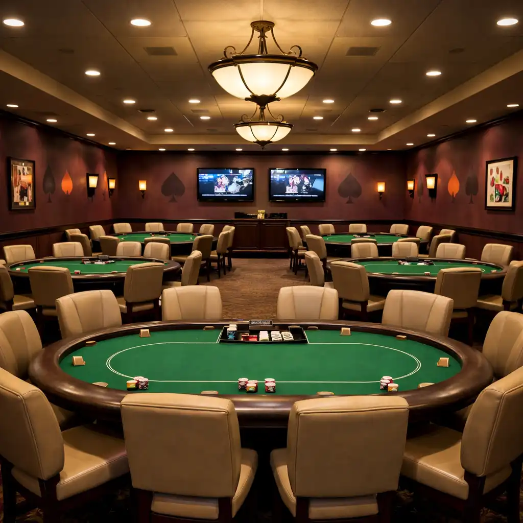 Wide shot of the poker room interior showing multiple tables with green felt and warm lighting