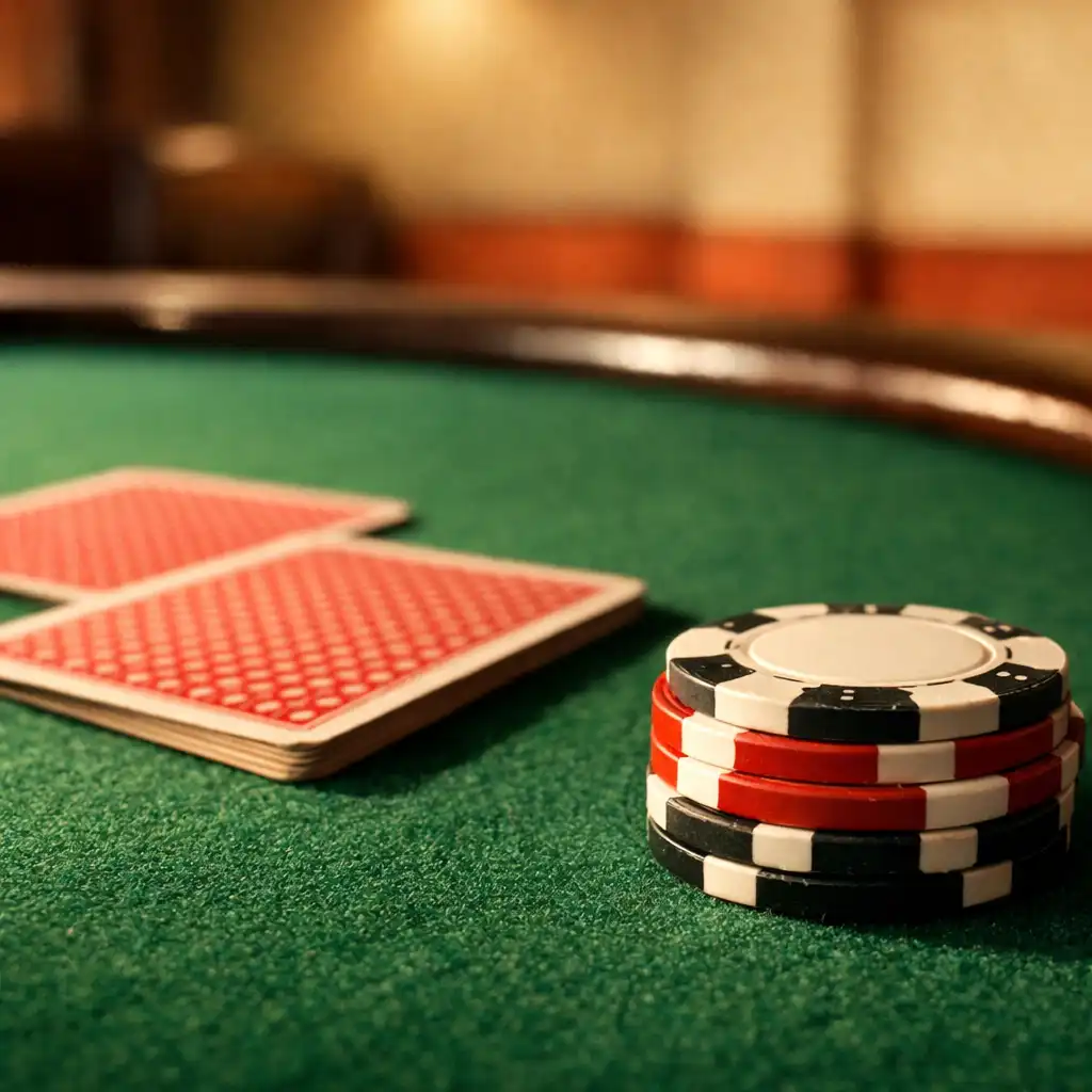 Close-up of a poker table surface showing green felt, playing cards, and a stack of chips