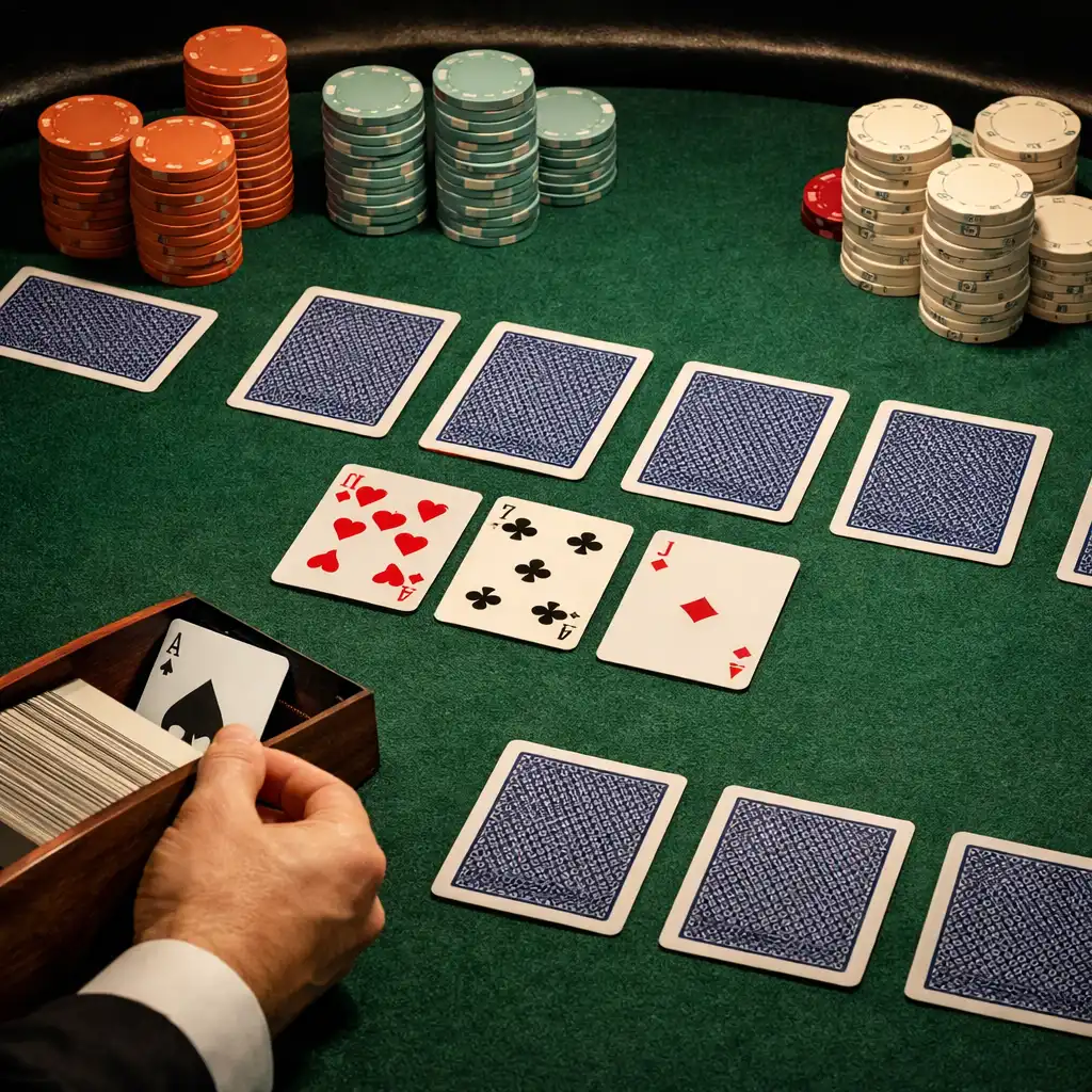 Overhead view of a poker table with green felt, players' hands, and clay chips
