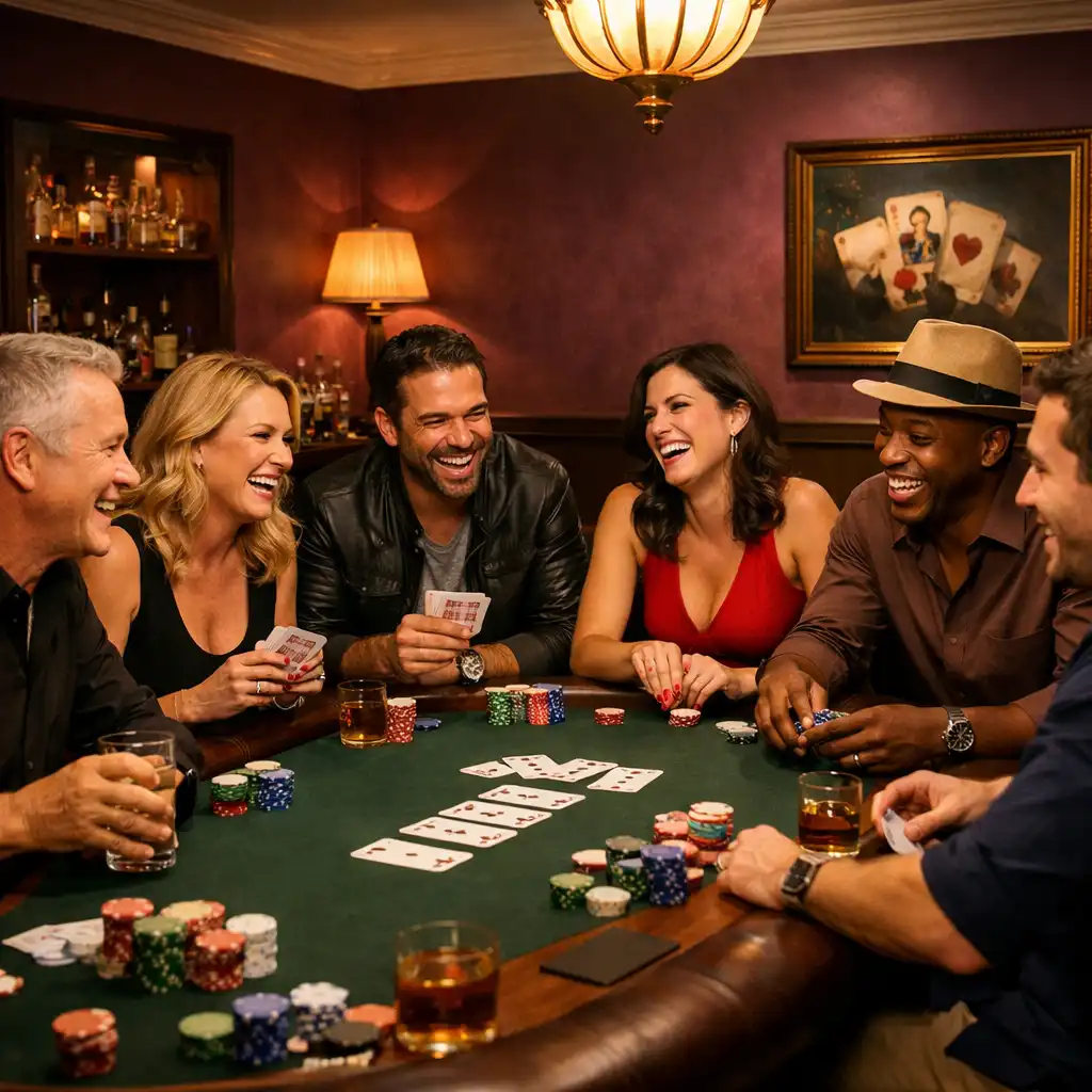 Private poker room with a group of people seated at a table, laughing and enjoying themselves