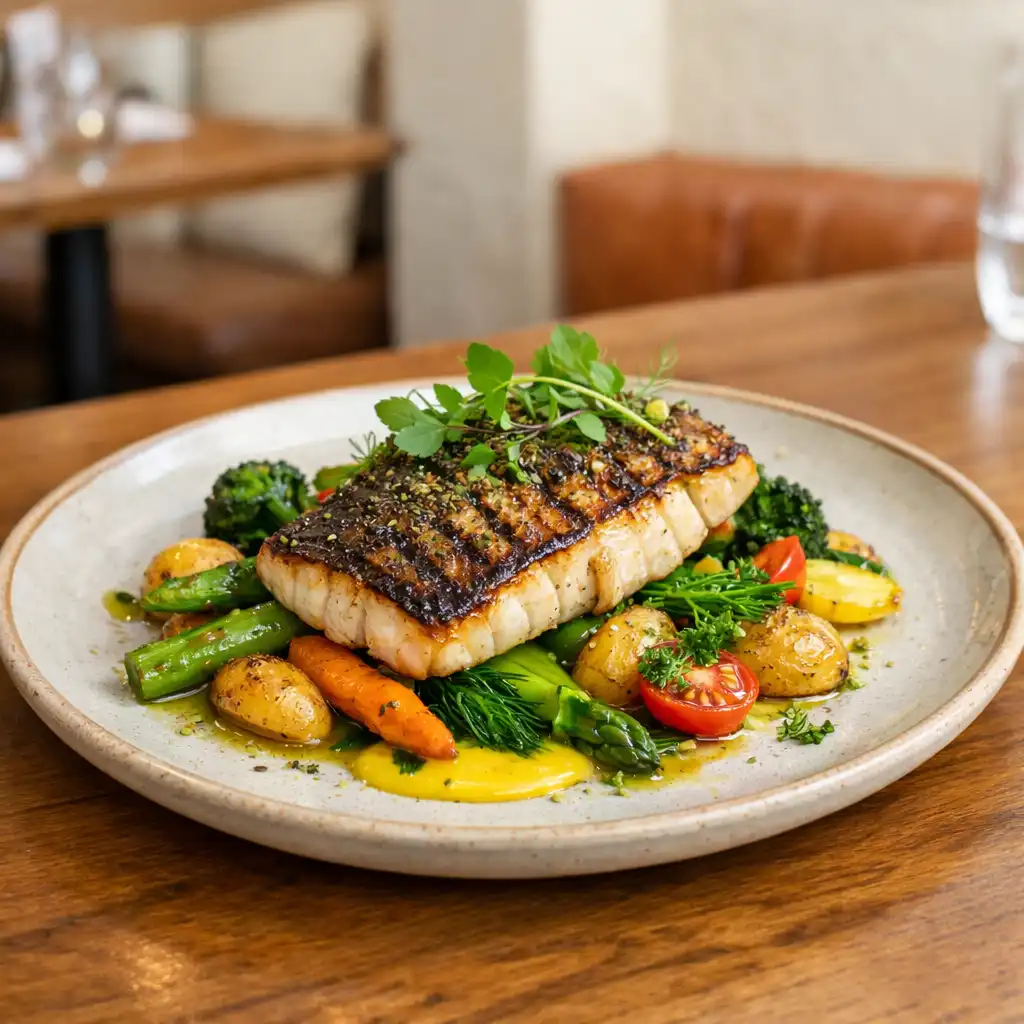 Grilled barramundi with seasonal vegetables on a ceramic plate