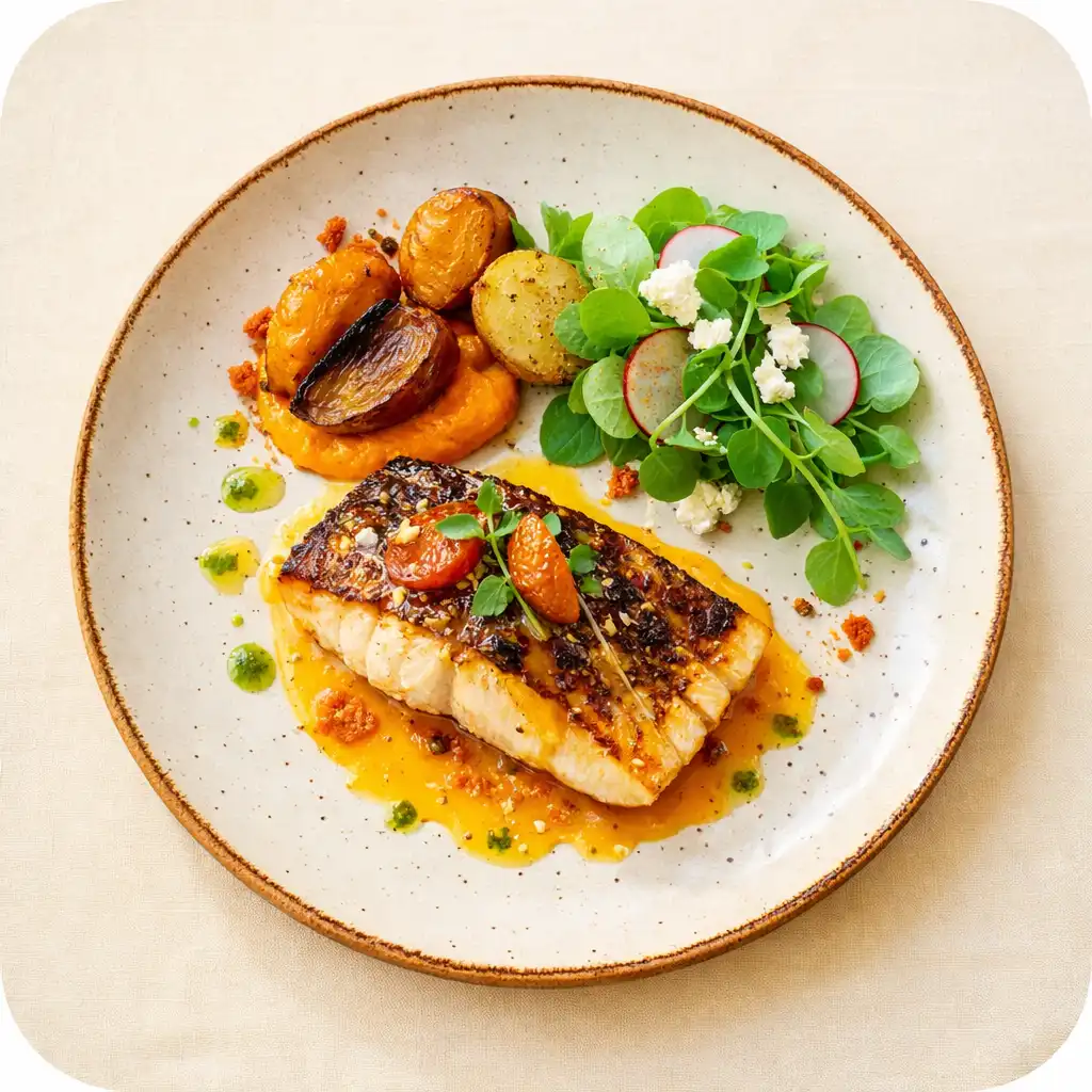 Overhead photograph of a plated modern Australian dish with grilled barramundi, roasted vegetables, and citrus glaze on a warm ivory tablecloth