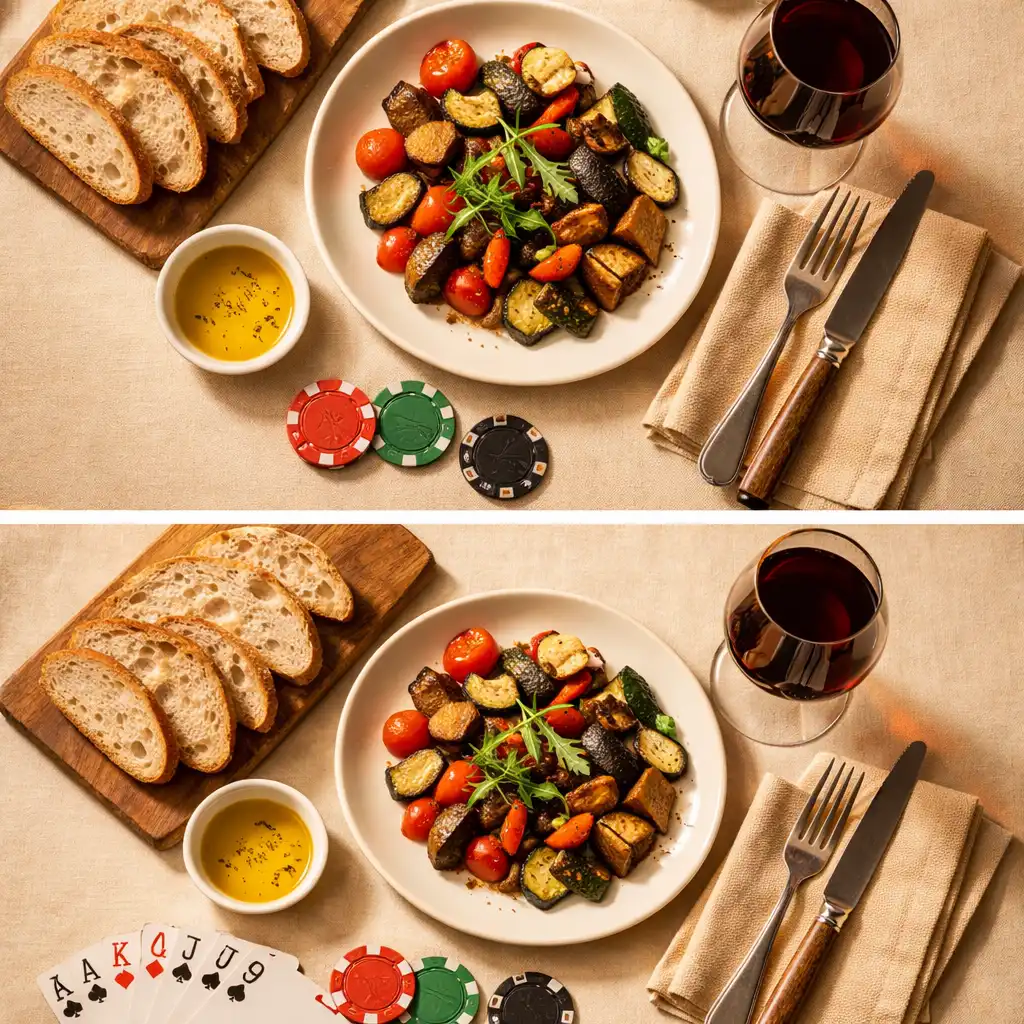 Overhead view of a set restaurant table with sourdough, roasted vegetables, a glass of red wine, and a deck of playing cards nearby